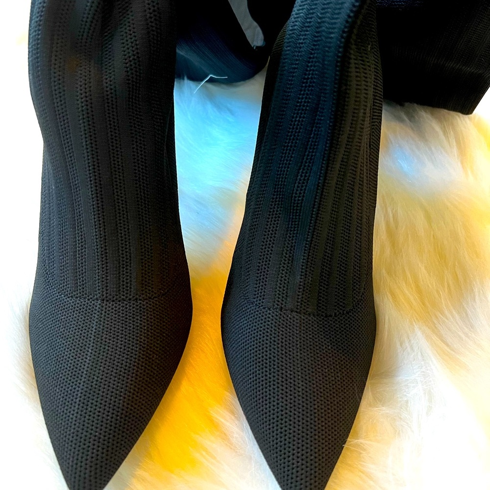 Shein thigh high black ribbed high heel boots.